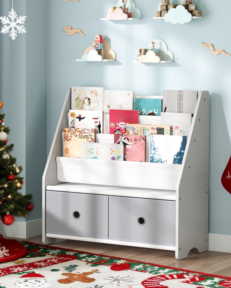 CHOEZON Kids Bookshelf and Toy Storage, 4 Tier Large Capacity Kids Book Rack, Sling Kid Bookcase, for Kids Room, Nursery, Playroom, White and Gray MCW06WT - Image 1