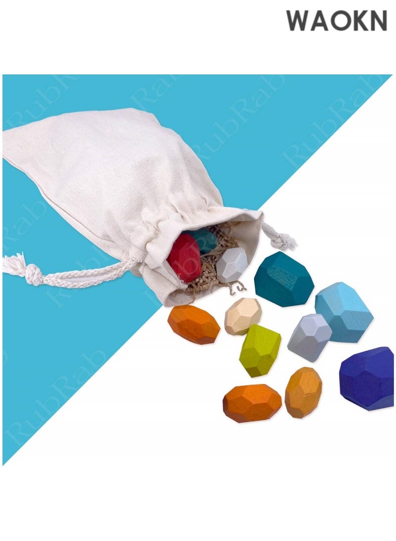 WAOKN 10 قطع كتل توازن خشبية ملونة - كتل بناء خشبية طبيعية ملونة قوس قزح للعبة توازن وتكديس للأطفال، ألعاب تعليمية - Image 3