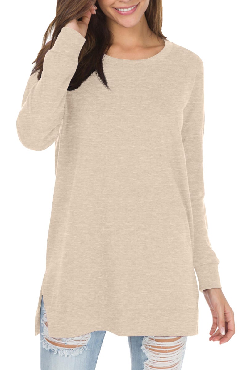 levaca Womens Long Sleeve Shirts Oversizes Side Split Loose Casual Fall Fashion 2025 Tunic Tops Beige L - Image 1