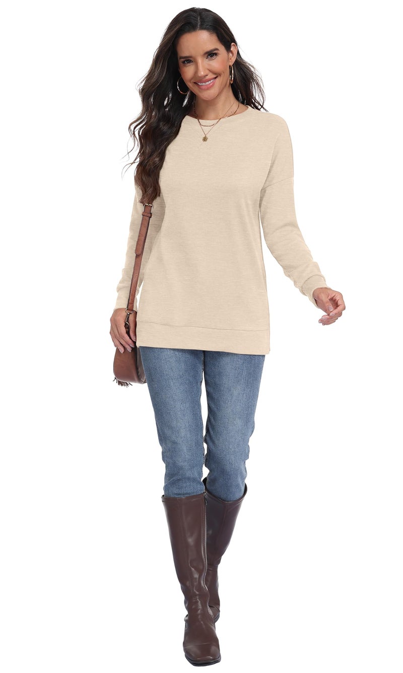 levaca Womens Long Sleeve Shirts Oversizes Side Split Loose Casual Fall Fashion 2025 Tunic Tops Beige L - Image 3