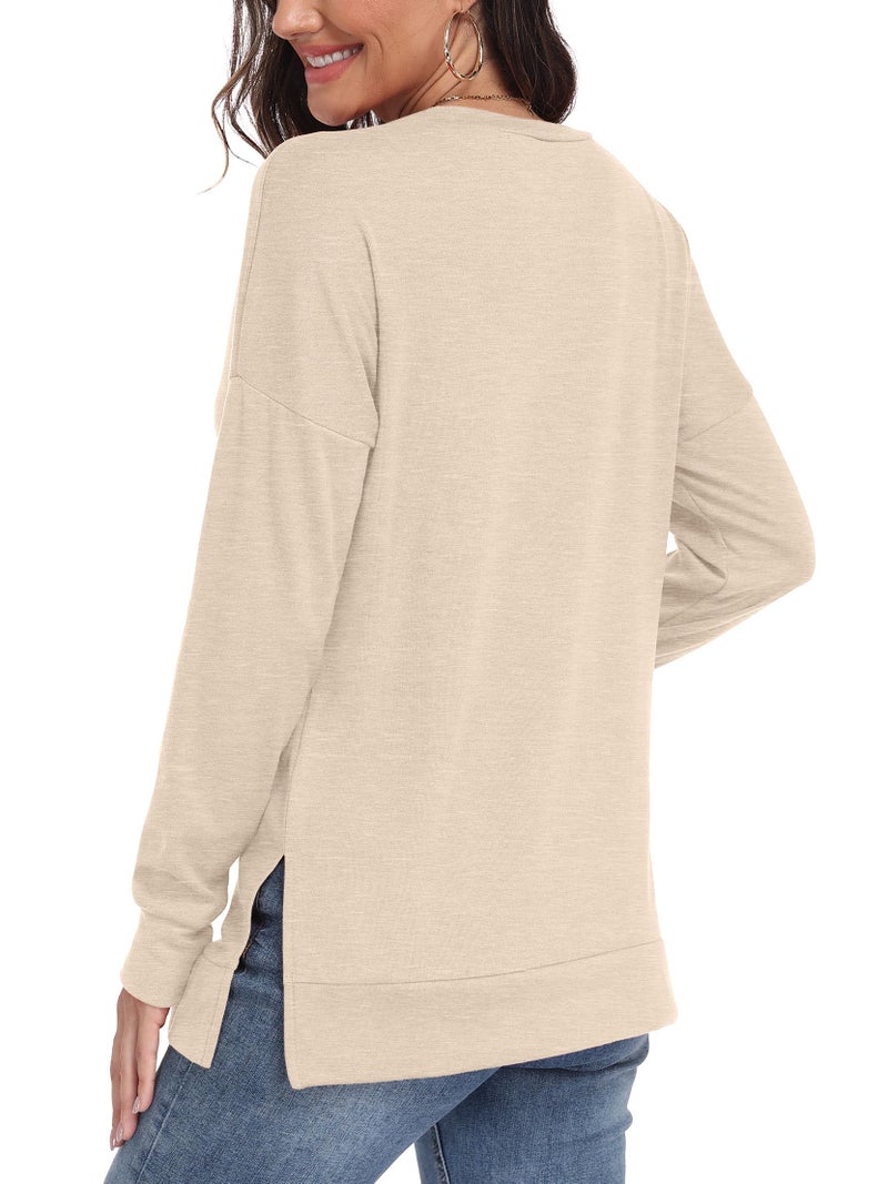 levaca Womens Long Sleeve Shirts Oversizes Side Split Loose Casual Fall Fashion 2025 Tunic Tops Beige L - Image 4