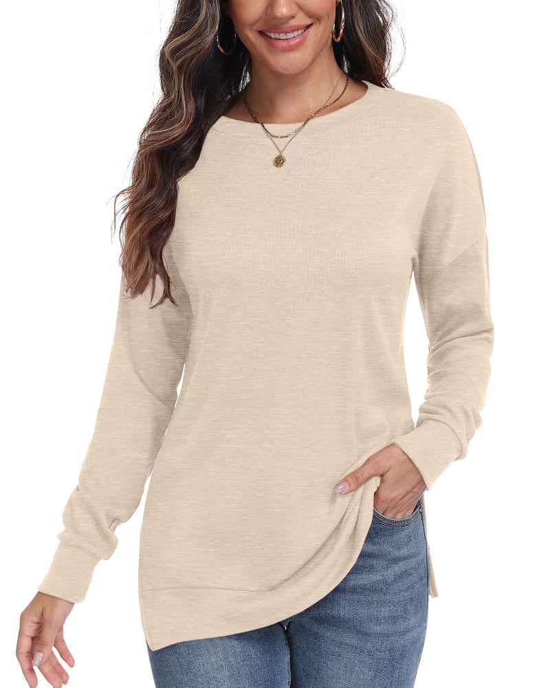 levaca Womens Long Sleeve Shirts Oversizes Side Split Loose Casual Fall Fashion 2025 Tunic Tops Beige L - Image 2