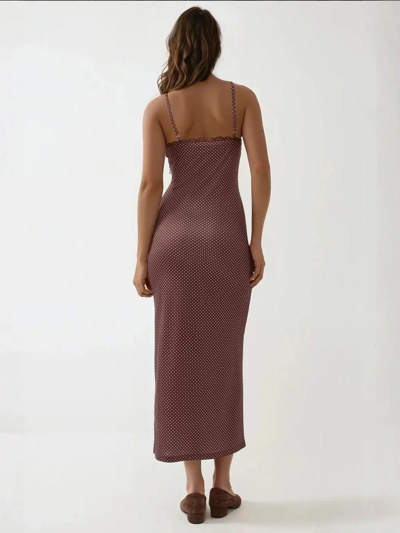 HICCUP Coffee Brown Square Collar Printed Maxi Dress with Lace Detail for Women | Best Price UAE