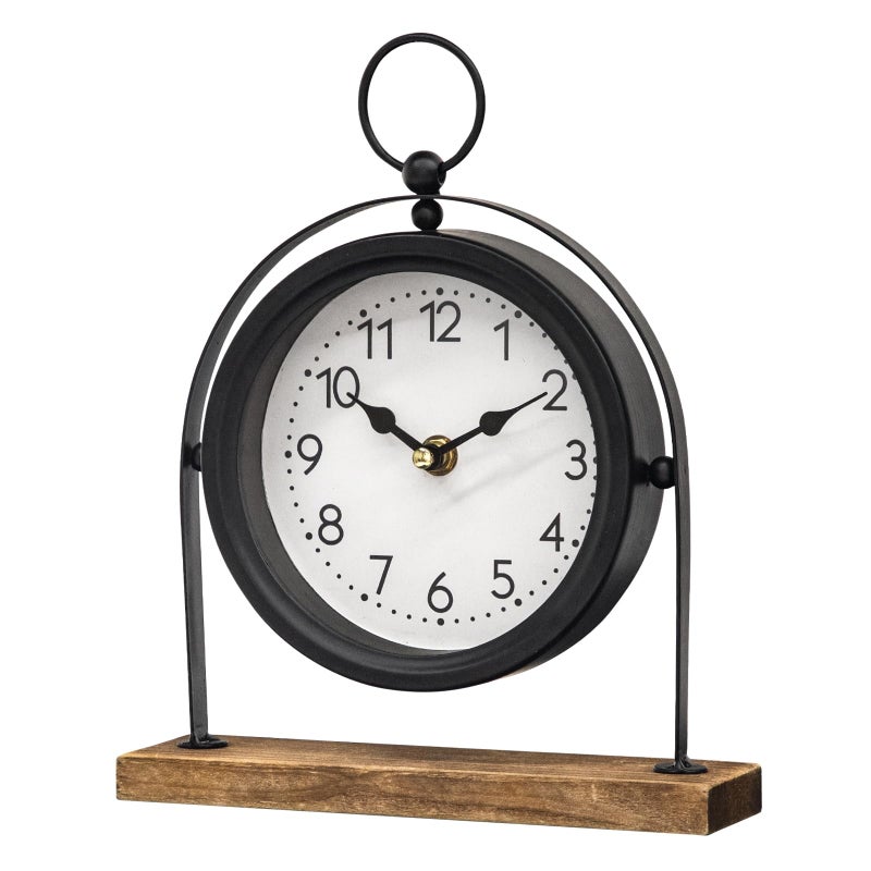 JUMBO DECOR Vintage Small Table Clock, Black Metal Farmhouse Table Clock with Wooden Base, Silent Non-Ticking Battery Operated Desk and Shelf Clocks for Living Room, Kitchen, Bedroom Decor - Image 1
