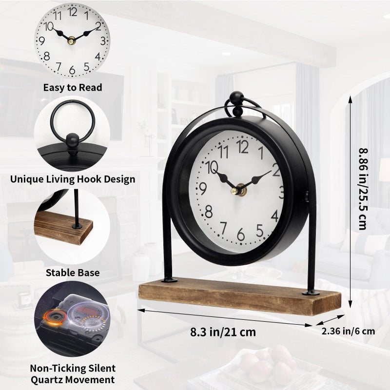 JUMBO DECOR Vintage Small Table Clock, Black Metal Farmhouse Table Clock with Wooden Base, Silent Non-Ticking Battery Operated Desk and Shelf Clocks for Living Room, Kitchen, Bedroom Decor - Image 2