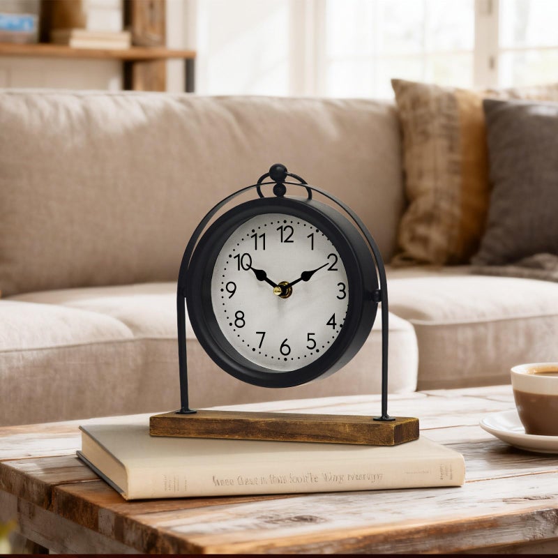 JUMBO DECOR Vintage Small Table Clock, Black Metal Farmhouse Table Clock with Wooden Base, Silent Non-Ticking Battery Operated Desk and Shelf Clocks for Living Room, Kitchen, Bedroom Decor - Image 5