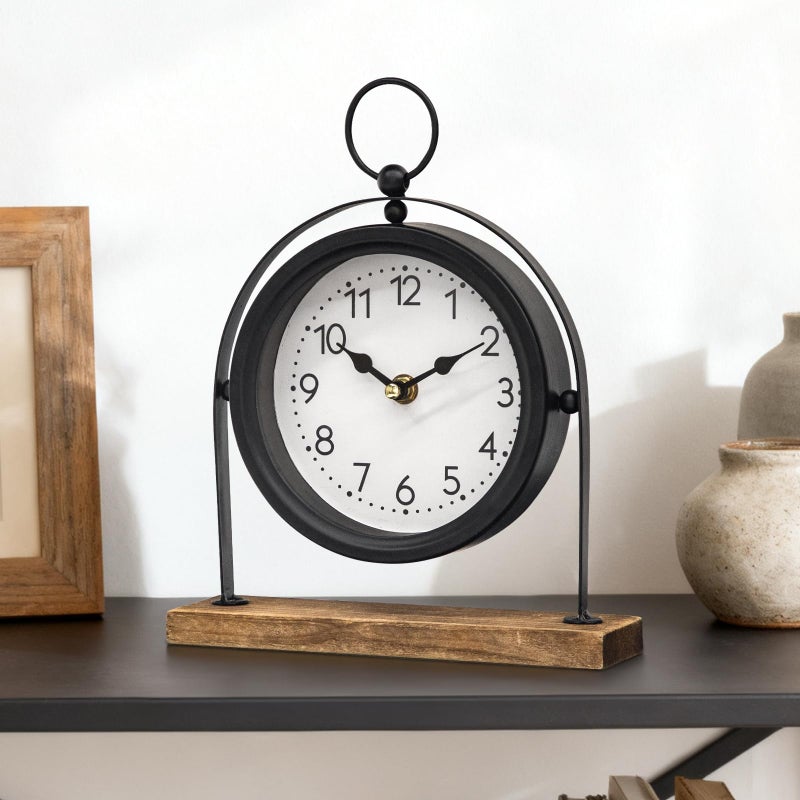 JUMBO DECOR Vintage Small Table Clock, Black Metal Farmhouse Table Clock with Wooden Base, Silent Non-Ticking Battery Operated Desk and Shelf Clocks for Living Room, Kitchen, Bedroom Decor - Image 3