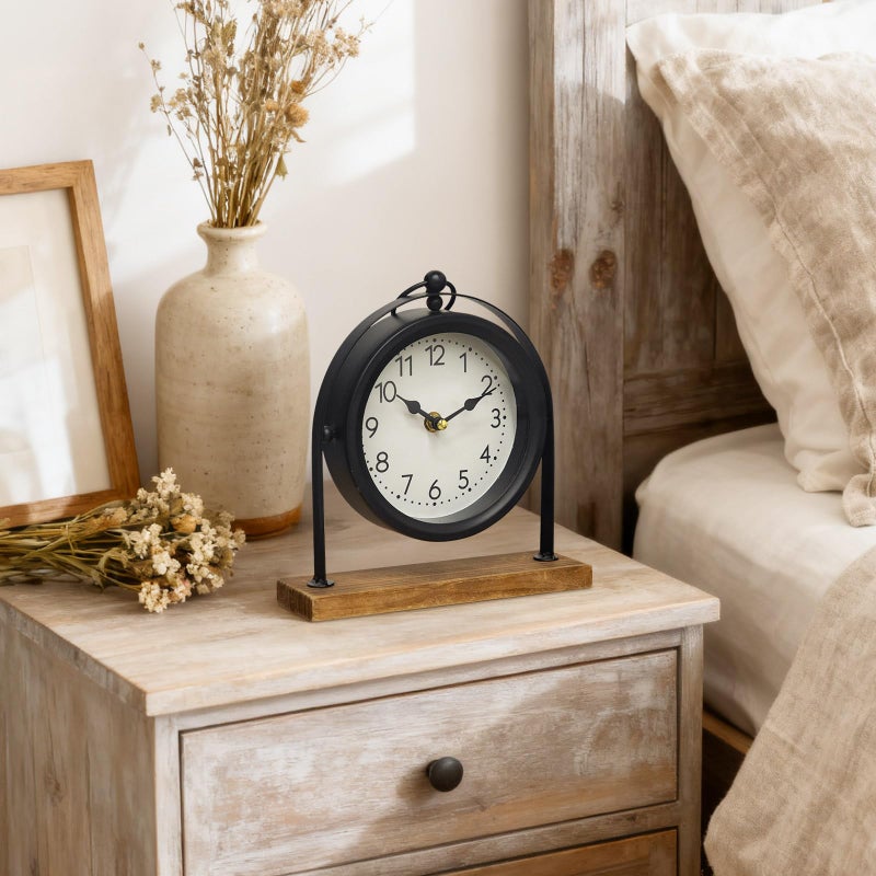JUMBO DECOR Vintage Small Table Clock, Black Metal Farmhouse Table Clock with Wooden Base, Silent Non-Ticking Battery Operated Desk and Shelf Clocks for Living Room, Kitchen, Bedroom Decor - Image 4