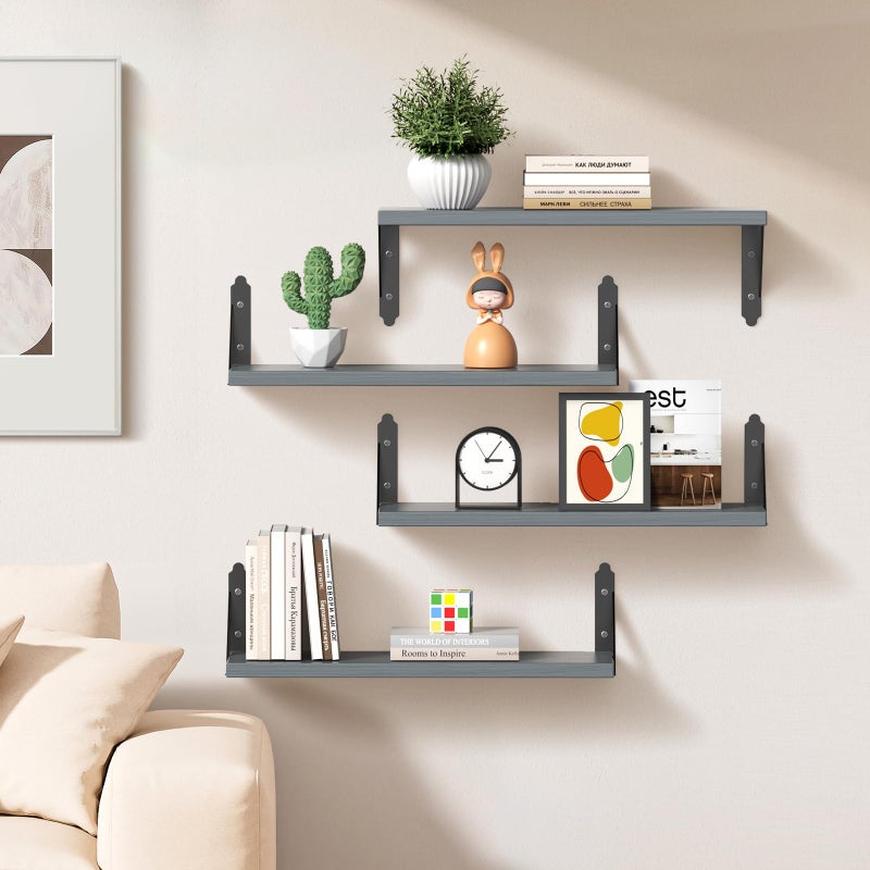 ROMGUAR CRAFT Wood Floating Shelves Set of 4, Rustic Storage Decor Wall Shelves, Wall Mounted Shelf for Living Room, Bedroom 17" x 6", Grey - Image 5