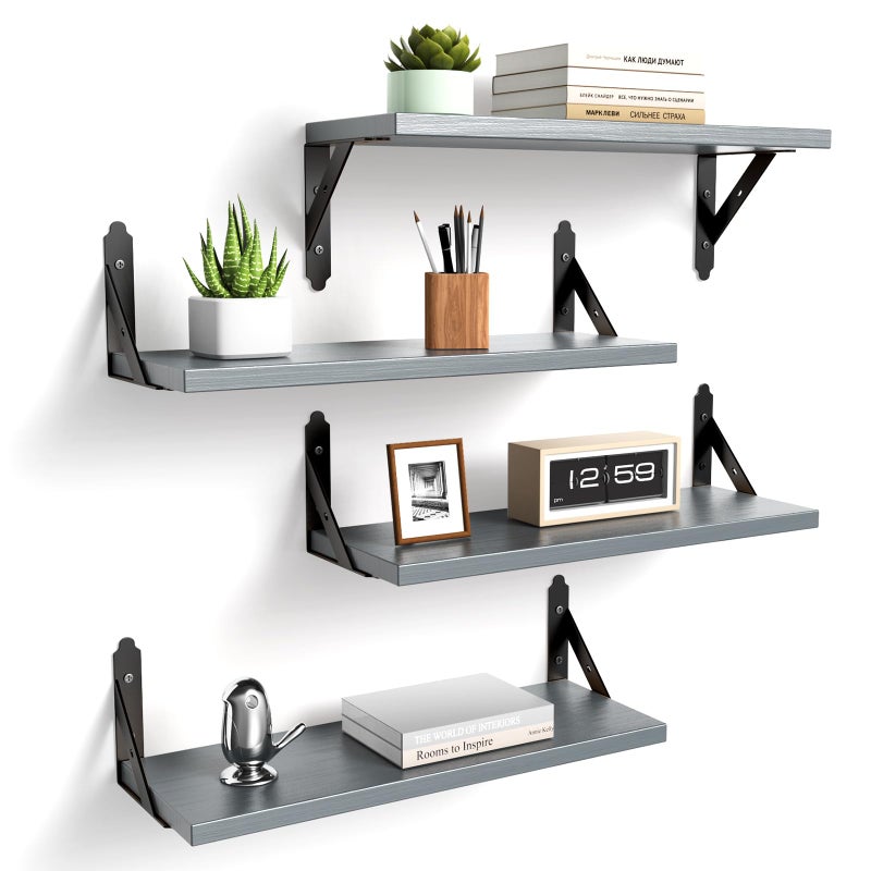 ROMGUAR CRAFT Wood Floating Shelves Set of 4, Rustic Storage Decor Wall Shelves, Wall Mounted Shelf for Living Room, Bedroom 17" x 6", Grey - Image 1