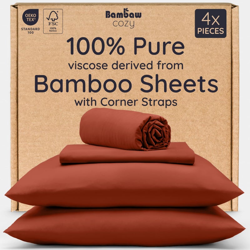Bambaw 100% Viscose Derived from Bamboo Sheets Queen Size Set - 4pcs Cooling Sheets Queen, Luxury Bedding, Soft & Breathable, Deep Pocket Fits Up to 16'' Mattresses (Terracotta) - Image 1