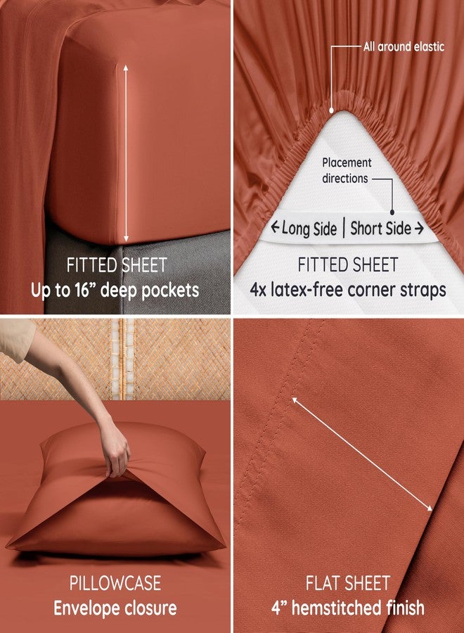 Bambaw 100% Viscose Derived from Bamboo Sheets Queen Size Set - 4pcs Cooling Sheets Queen, Luxury Bedding, Soft & Breathable, Deep Pocket Fits Up to 16'' Mattresses (Terracotta) - Image 5