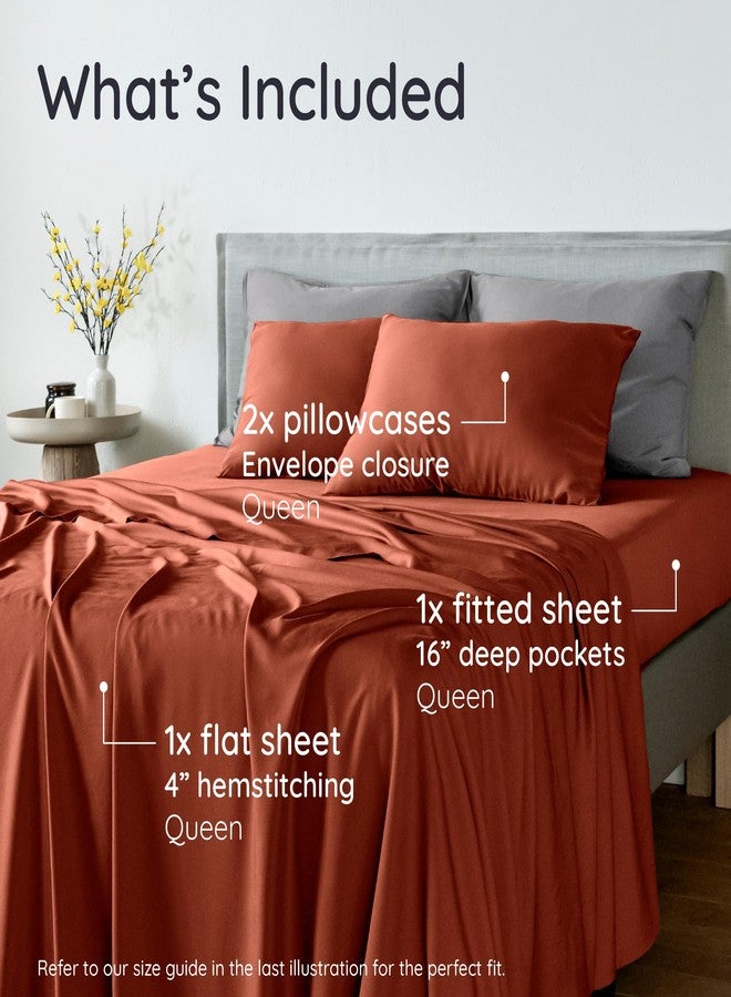 Bambaw 100% Viscose Derived from Bamboo Sheets Queen Size Set - 4pcs Cooling Sheets Queen, Luxury Bedding, Soft & Breathable, Deep Pocket Fits Up to 16'' Mattresses (Terracotta) - Image 2