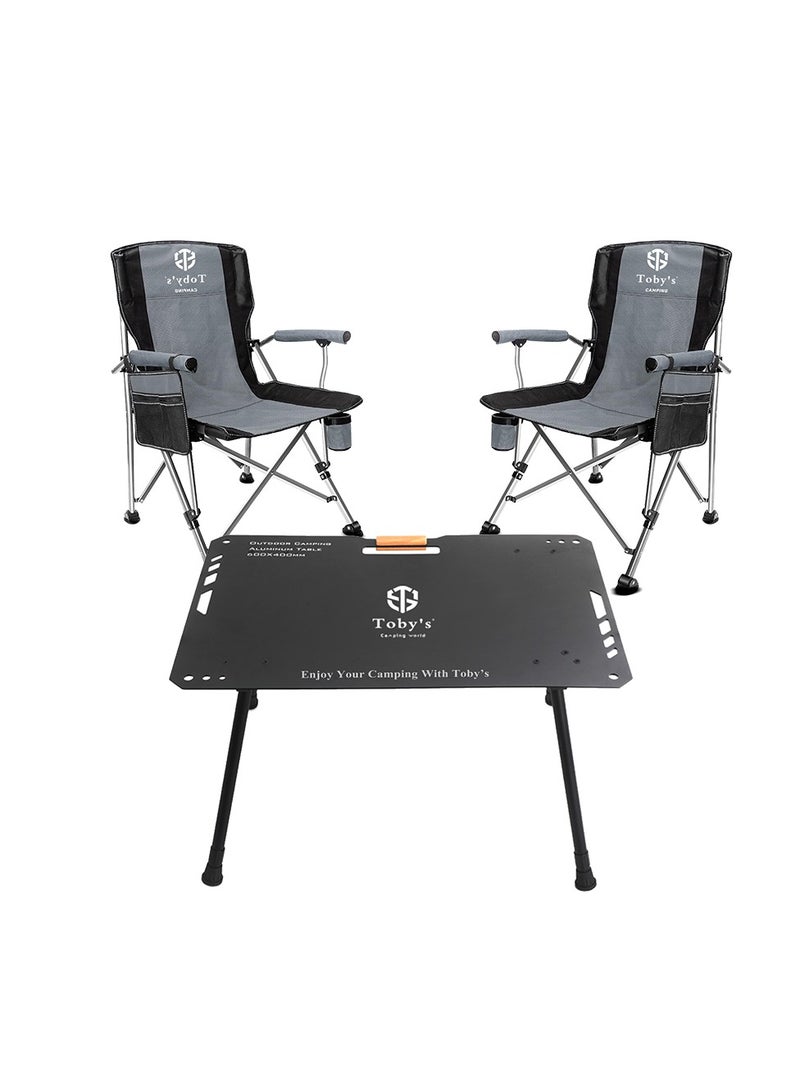 Toby's Tobyâ€™S Black Lightweight Folding Aluminum Camping Table With 2 Heavy-Duty Steel Frame Outdoor Folding Chairs  Portable Camping Set - Image 1