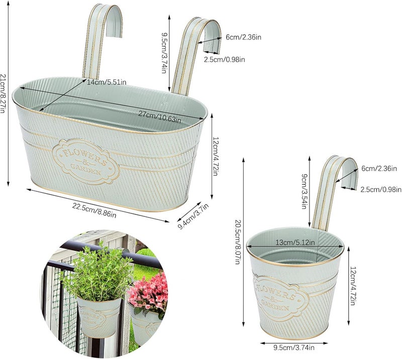 PerGar Vintage Metal Iron Wall Hanging Flower Pots, Rustic Planter Bucket Herb Flower Plant Holder with Detachable Hooks & Drainage Hole for Railing Fence Balcony Deck Garden Home Decoration, Set of 3 - Image 2