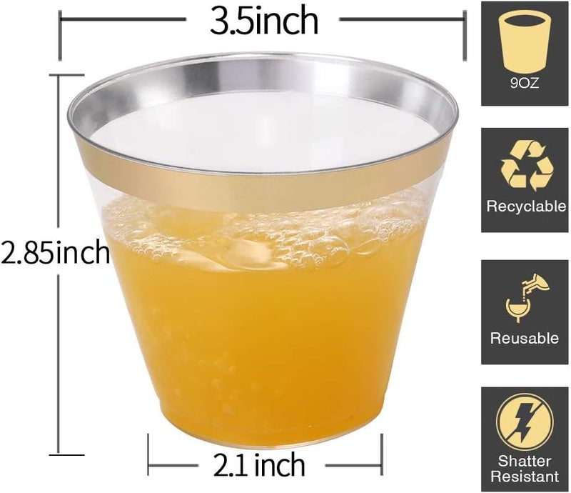 I00000 200 Pack Gold Plastic Cups, 9 Oz Elegant Clear Plastic Cups Gold Rimmed Disposable Wine Glasses Fancy Disposable Party Cup Wedding Cup Drinking Tumblers Cocktail Glasses Perfect for Party - Image 2