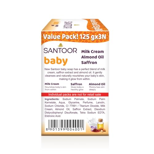Santoor Baby Bathing Bar Soap with Milk Cream, Saffron, & Almond Oil for Soft & Supple Skin| Gentle & Rich Lathering Formula with Mild Fragrance| 125gx3 - Image 4