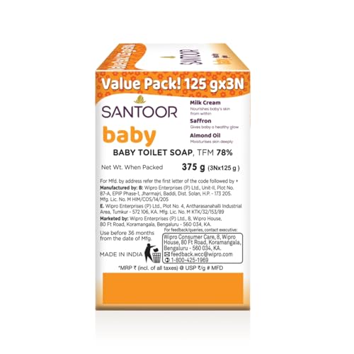 Santoor Baby Bathing Bar Soap with Milk Cream, Saffron, & Almond Oil for Soft & Supple Skin| Gentle & Rich Lathering Formula with Mild Fragrance| 125gx3 - Image 3