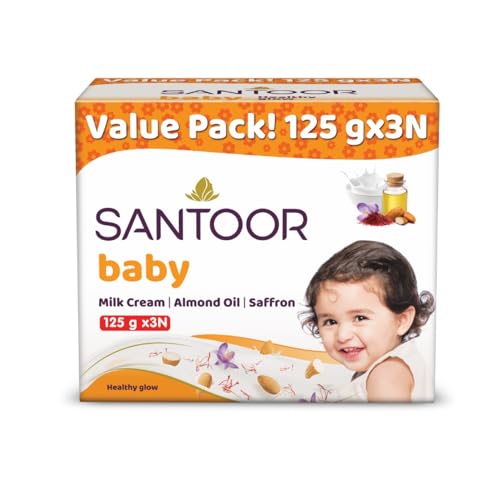 Santoor Baby Bathing Bar Soap with Milk Cream, Saffron, & Almond Oil for Soft & Supple Skin| Gentle & Rich Lathering Formula with Mild Fragrance| 125gx3 - Image 1