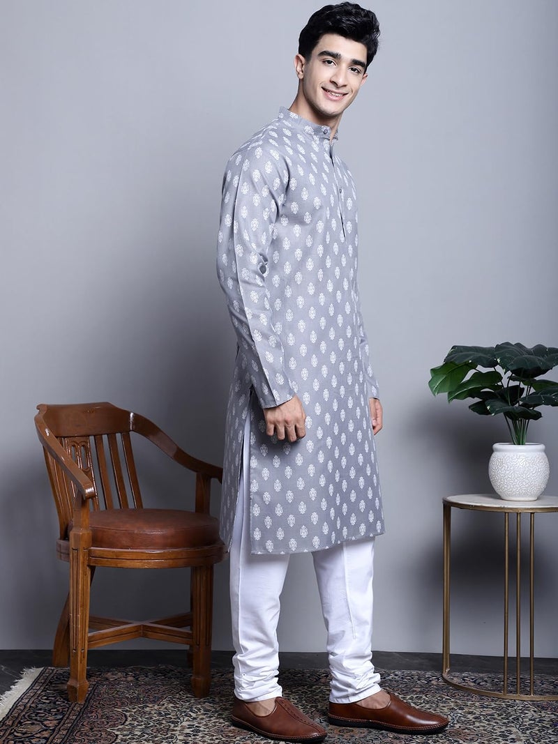 Jompers Men's Cotton Floral Printed Kurtas (Dark-Grey, M) - Image 4