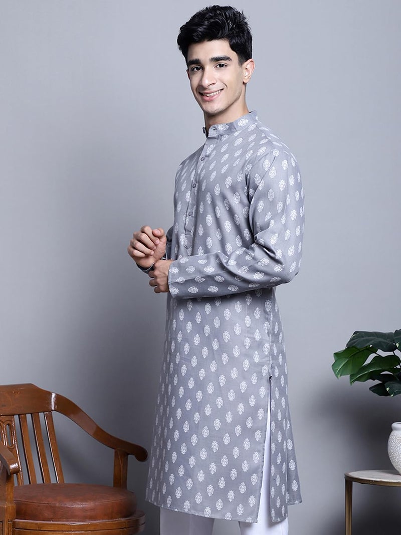 Jompers Men's Cotton Floral Printed Kurtas (Dark-Grey, M) - Image 3