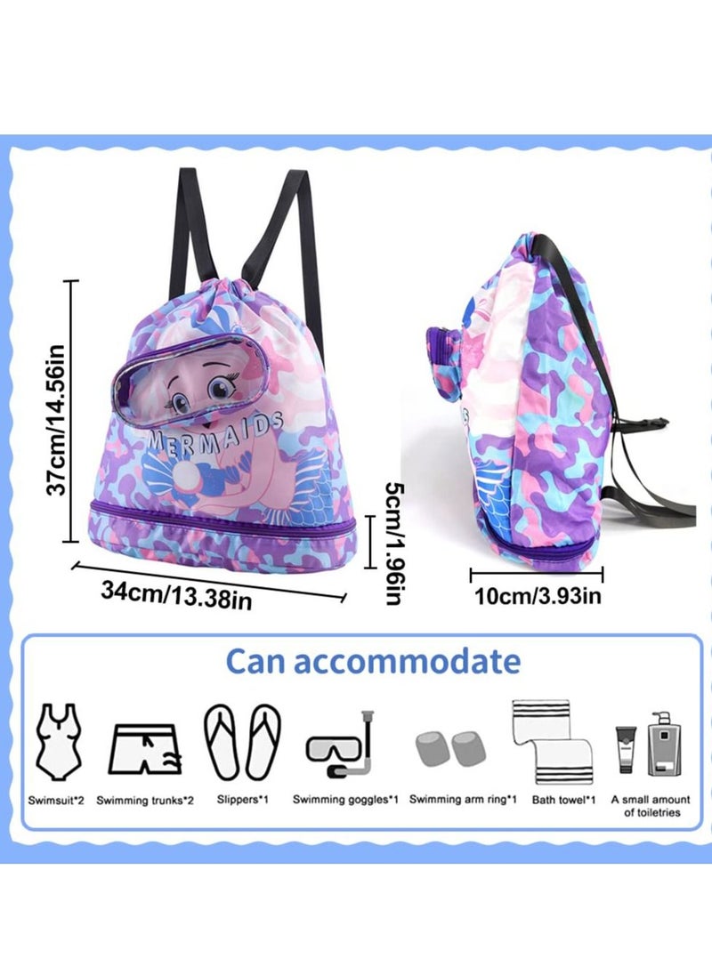 Excefore - Drawstring Bag Kids Swimming Bag, Waterproof Lightweight String Bag For Outdoor Yoga Gym Swimming Travel with Zippered Pocket Shoe Compartment Sports Gym PE Beach Bag for Girls - Image 1
