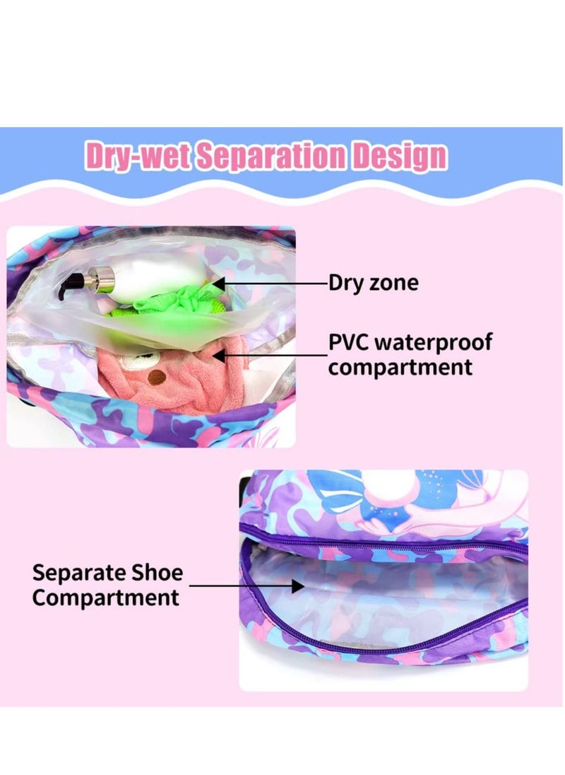 Excefore - Drawstring Bag Kids Swimming Bag, Waterproof Lightweight String Bag For Outdoor Yoga Gym Swimming Travel with Zippered Pocket Shoe Compartment Sports Gym PE Beach Bag for Girls - Image 1