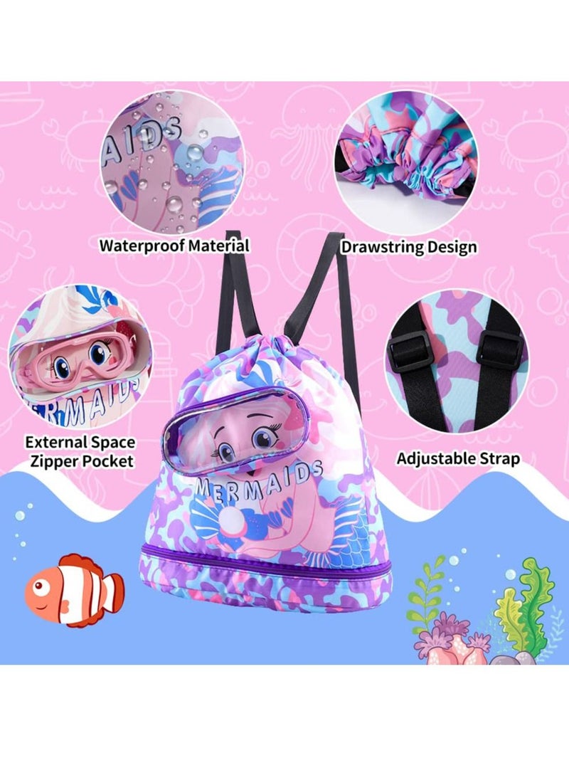 Excefore - Drawstring Bag Kids Swimming Bag, Waterproof Lightweight String Bag For Outdoor Yoga Gym Swimming Travel with Zippered Pocket Shoe Compartment Sports Gym PE Beach Bag for Girls - Image 1