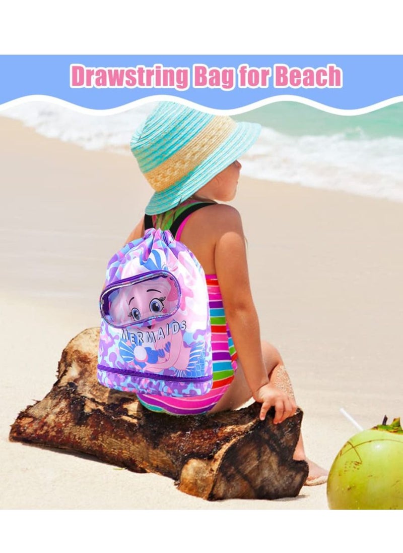 Excefore - Drawstring Bag Kids Swimming Bag, Waterproof Lightweight String Bag For Outdoor Yoga Gym Swimming Travel with Zippered Pocket Shoe Compartment Sports Gym PE Beach Bag for Girls - Image 1