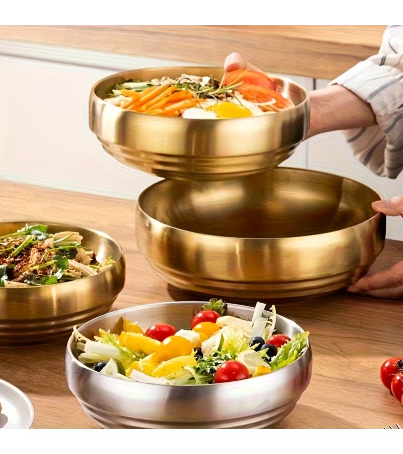1Pc Double Layer Stainless Steel Golden Mixing Bowl Drop Resistant Rustproof for Desserts Salads Fruits Household Restaurant Use - Image 5