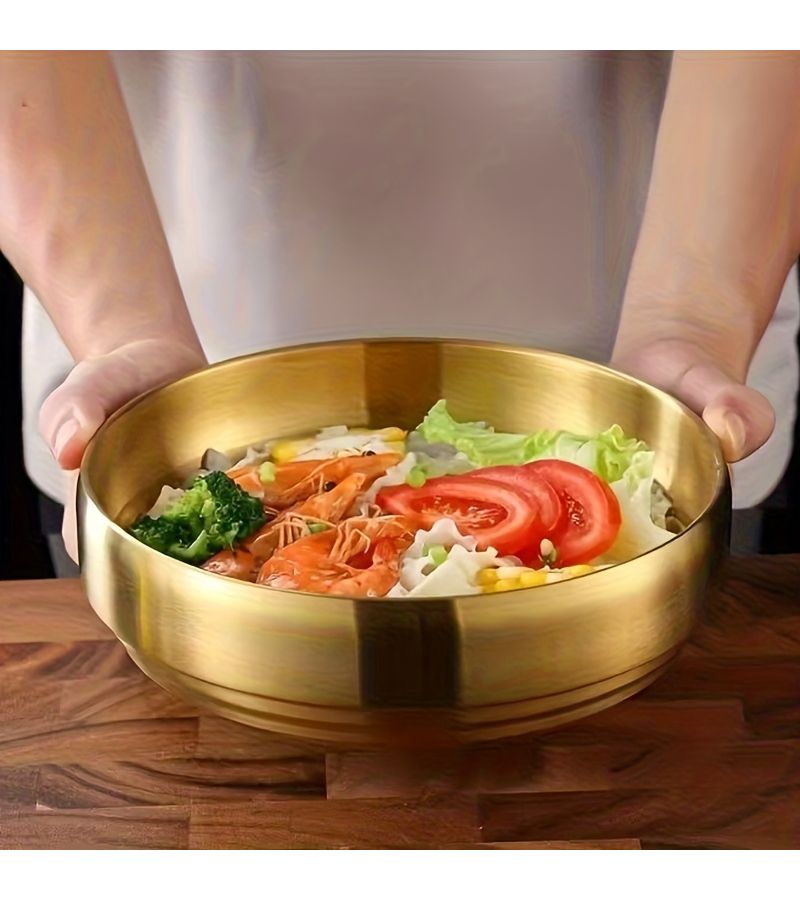 1Pc Double Layer Stainless Steel Golden Mixing Bowl Drop Resistant Rustproof for Desserts Salads Fruits Household Restaurant Use - Image 1