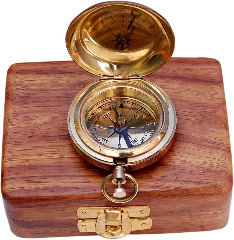 BAZROSS Brass Nautical Compass with Wooden Case - Antique Brass & Copper Sun Clock for Camping, Hiking, Touring - Engraved Gift for Him - Nautical Clock - Compass Gift - Image 2
