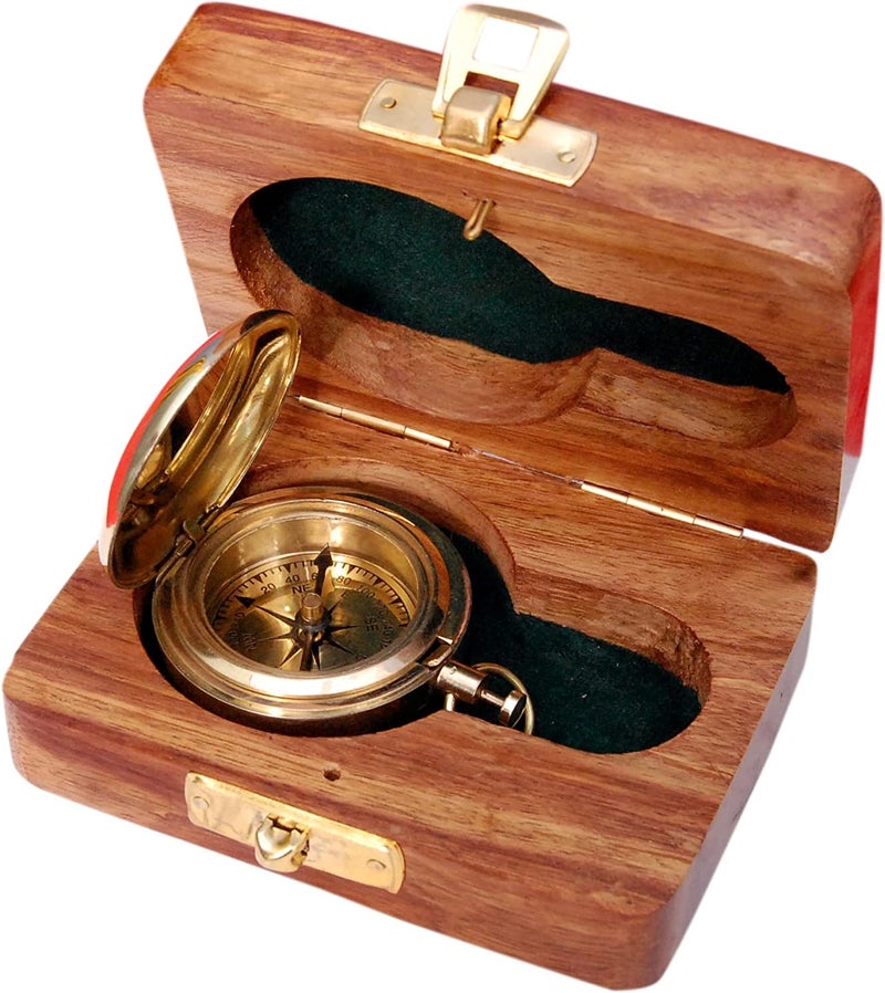 BAZROSS Brass Nautical Compass with Wooden Case - Antique Brass & Copper Sun Clock for Camping, Hiking, Touring - Engraved Gift for Him - Nautical Clock - Compass Gift - Image 3