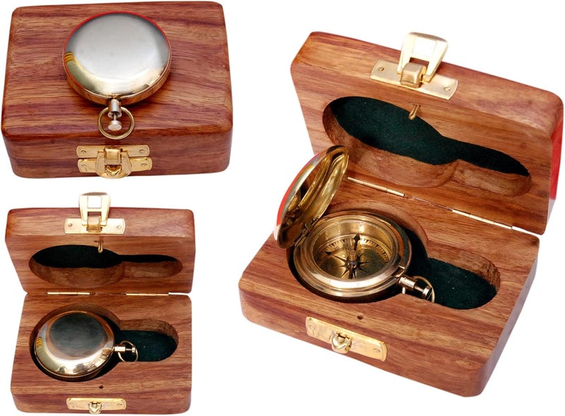 BAZROSS Brass Nautical Compass with Wooden Case - Antique Brass & Copper Sun Clock for Camping, Hiking, Touring - Engraved Gift for Him - Nautical Clock - Compass Gift - Image 1