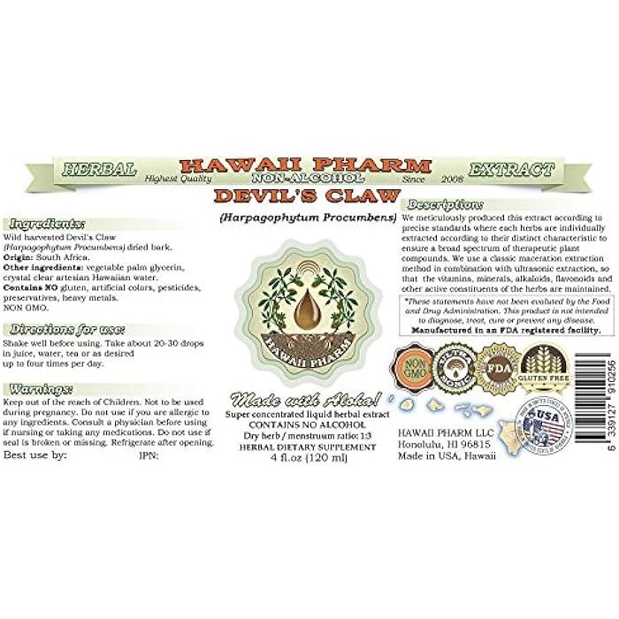 Hawaii Pharm Devil's Claw Alcohol-Free Liquid Extract, Devil's Claw (Harpagophytum Procumbens) Dried Root Tuber Glycerite Natural Herbal Supplement 4 oz - Image 2