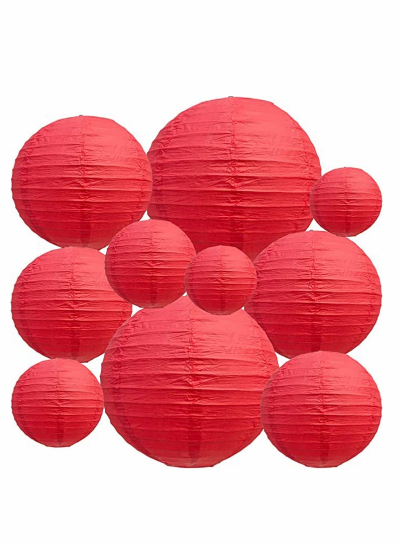 Y&D 10Pcs Red Paper Lanterns Decorative  Hanging Round Foldable Lantern For Birthday Wedding  Bridal Shower Home Decor Party (Size of 4”, 6”, 8”, 10”) - Image 1