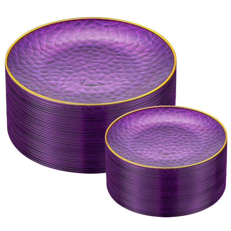 ISFANGCO 72Pcs Purple Plastic Plates with Gold Rim, Purple Disposable Plates, Clear Hammered Party Plate Includes 36 10.25" Dinner and 36 7.5" Dessert Plates for Party Wedding - Image 1