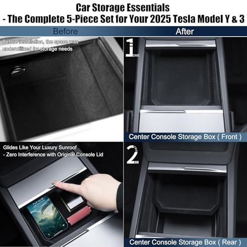 YEVEDUO for Tesla New Model Y Juniper Accessories 2026 2025 Center Console Organizer for Model 3 Highland Armrest Storage Tray Hidden Box Cup Holder Insert Wireless Charging AntiSlip Mat 5PCS - Image 3