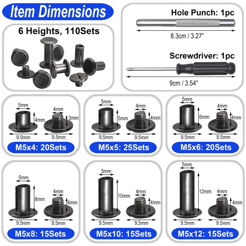 YORANYO 110Sets Chicago Screws Leather Rivets Assorted Screw Rivets Chicago Binding Screws for Decorate and Repair Leather Craft Belt Bag Shoes Purse Bookbinding (Gunmetal Black, M5*4,5,6,8,10,12) - Image 2