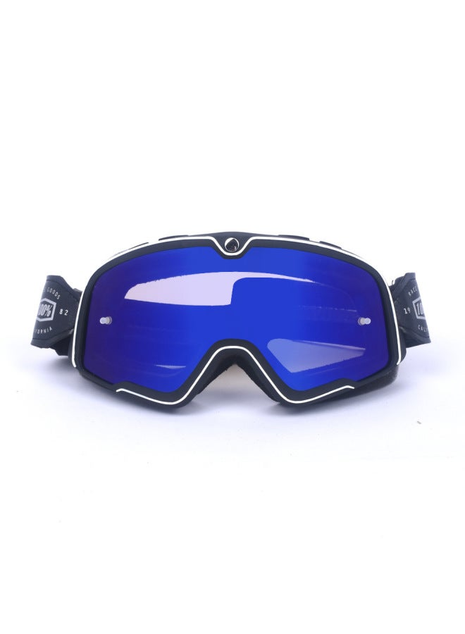 P55 Retro Motorcycle Helmet Goggles with Black Frame, Black Leather and Blue UV Lens