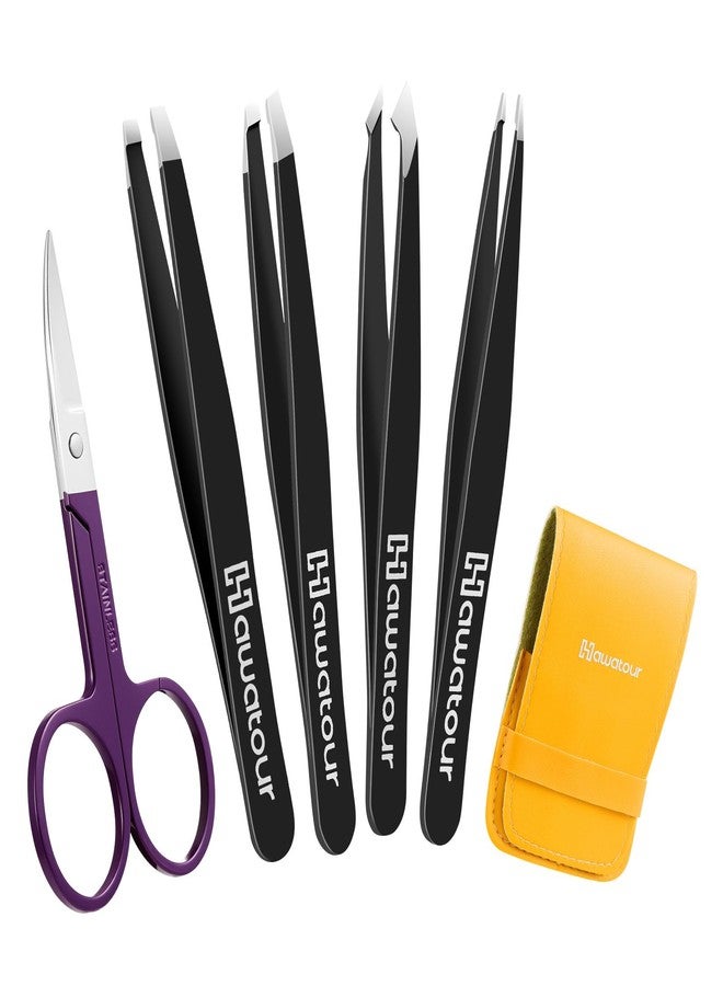 HAWATOUR Tweezers Set with Eyebrow Scissors, Precision Stainless Steel Eyebrow Grooming Kit for Women & Men, Black - Image 1