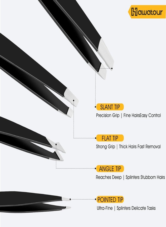 HAWATOUR Tweezers Set with Eyebrow Scissors, Precision Stainless Steel Eyebrow Grooming Kit for Women & Men, Black - Image 4