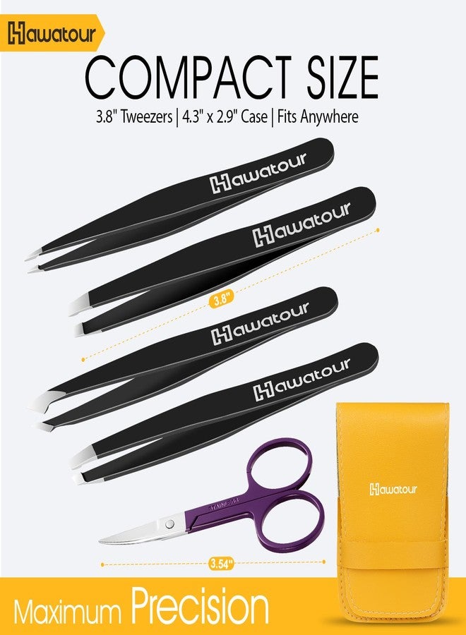 HAWATOUR Tweezers Set with Eyebrow Scissors, Precision Stainless Steel Eyebrow Grooming Kit for Women & Men, Black - Image 2