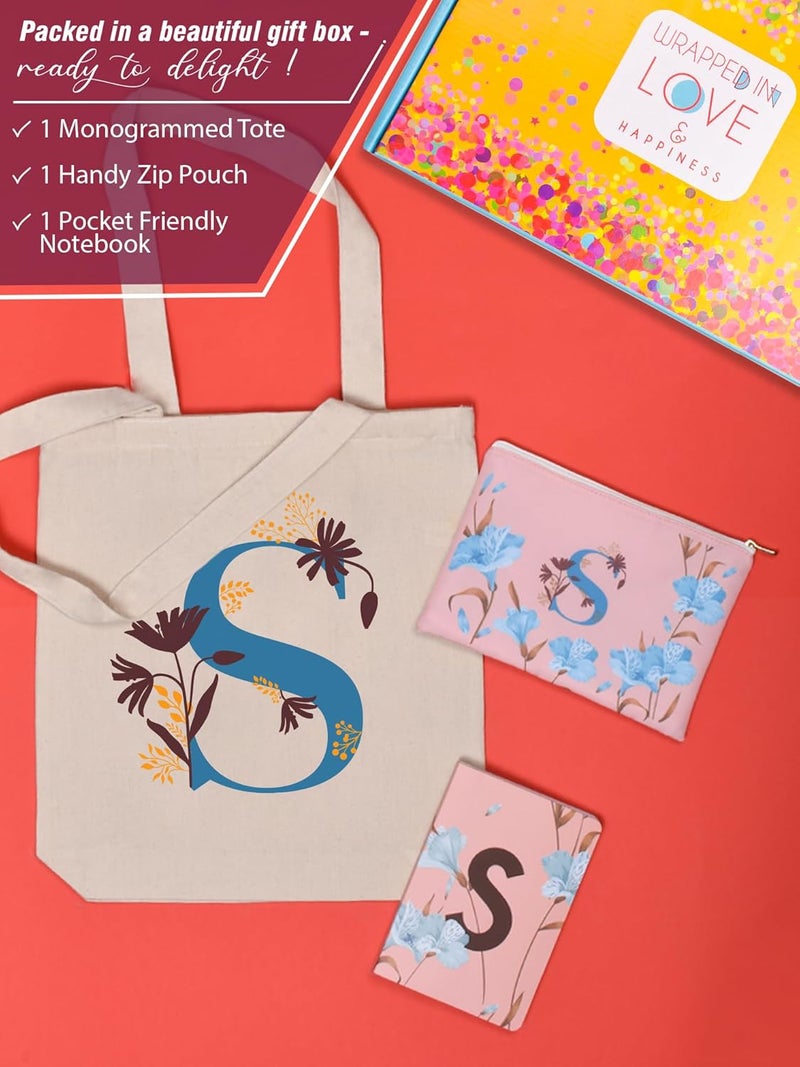 Doodle Monogram S Diary Gift Set – B6 Soft Bound Ruled Notebook with Tote Bag & Zipper Pouch – Premium Stationery Gift for Women & Girls - Image 2