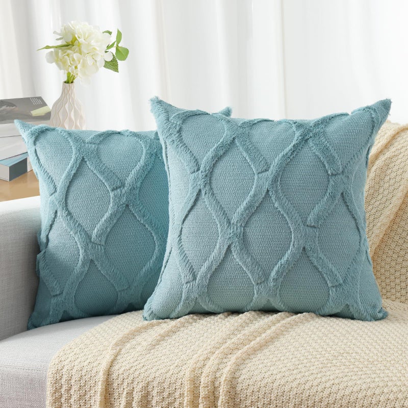 decorUhome Spring Decorative Throw Pillow Covers 20X20 Set of 2, Soft Plush Faux Fur Wool Pillow Covers for Couch Bed Sofa Living Room, Aqua - Image 1