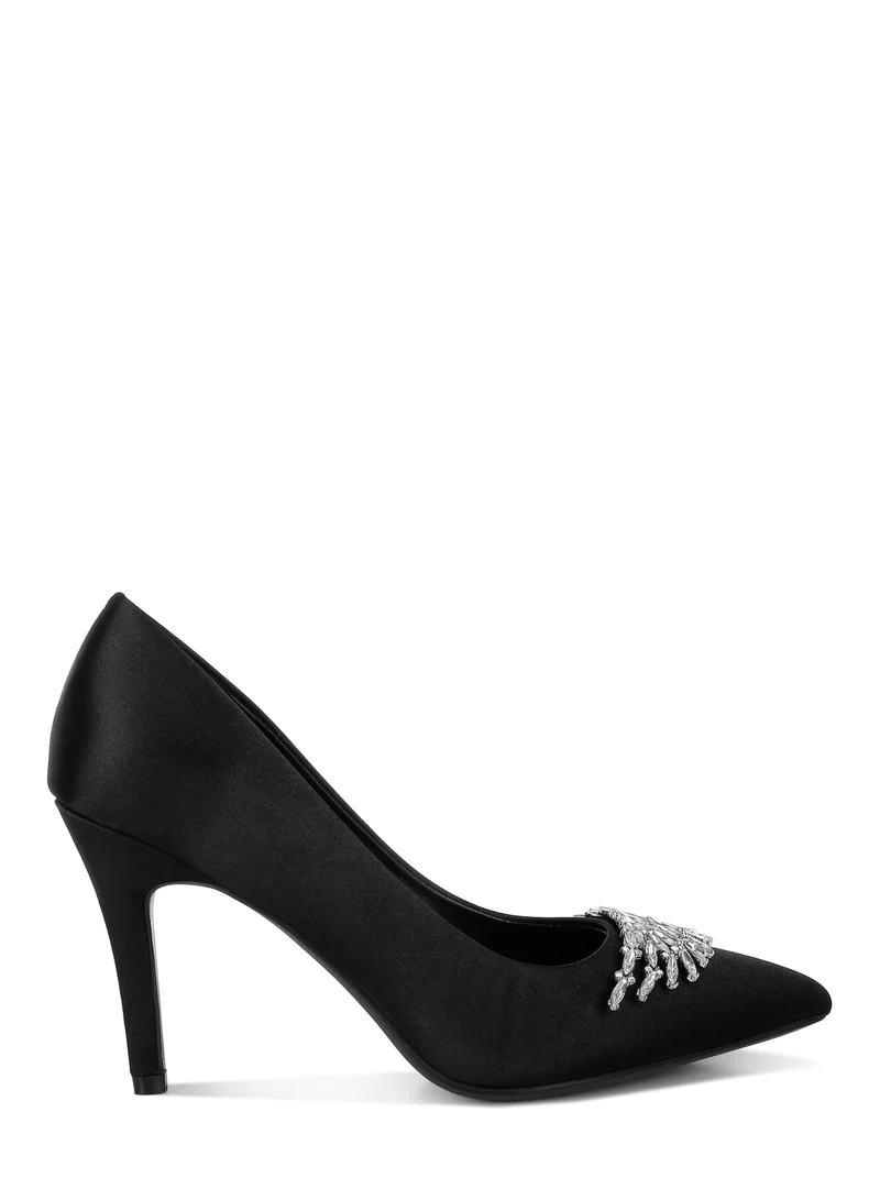 London Rag Diamante Brooch Detail Satin Pumps in Black