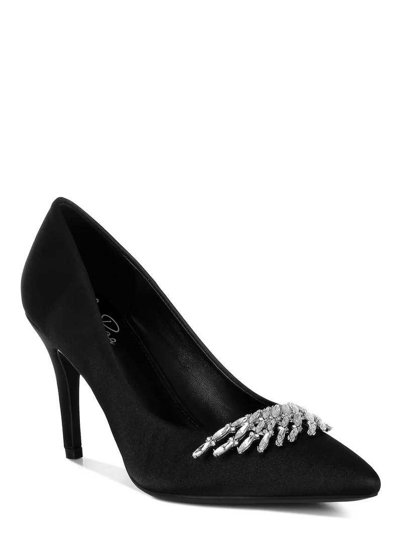 London Rag Diamante Brooch Detail Satin Pumps in Black