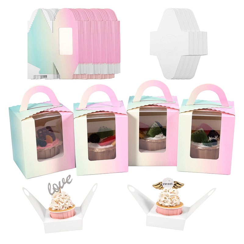 Roponan 60 Pcs Individual Cupcake Boxes Single Cupcake Containers Cupcake Carriers with Handle Clear Window and Insert  Sold Wholesalein Bulk Multicolored Gradients