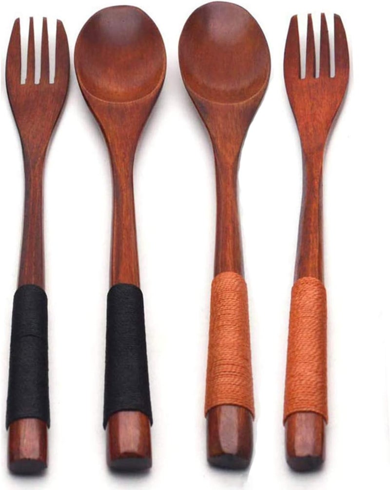 XMHF Wooden Spoons Forks Set Kitchen Tableware Dinnerware Flatware Natural Wood Cutlery Wooden Dinner Utensil Set 2 Spoons and 2 Forks Brown Black Tied Line - Image 1