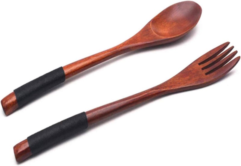 XMHF Wooden Spoons Forks Set Kitchen Tableware Dinnerware Flatware Natural Wood Cutlery Wooden Dinner Utensil Set 2 Spoons and 2 Forks Brown Black Tied Line - Image 4